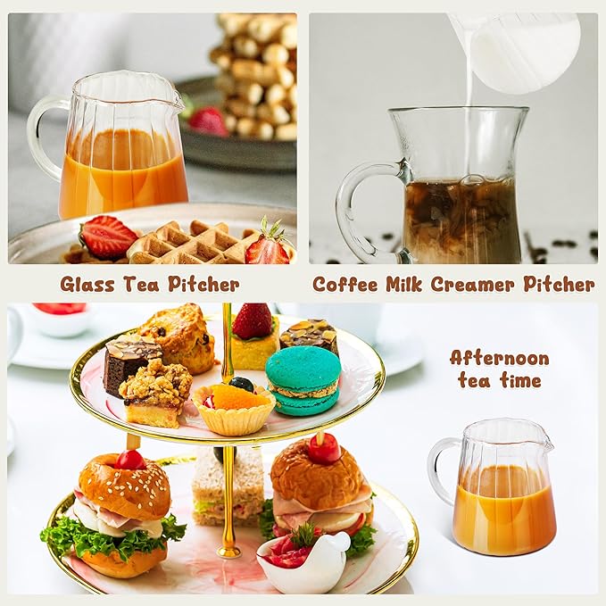 Loscarol 2 Pcs Creamer Pitcher, Elegant Wave Shaped Glass Milk Pitcher, for Coffee, Tea, Serving Milk Frothing Cup Creamer Jug for Kitchen, 8.5 oz