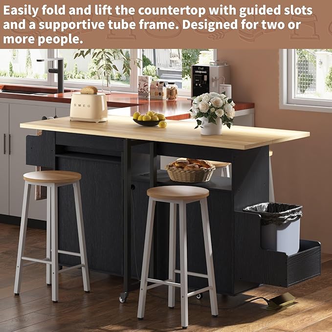 Rolling Mobile Kitchen Island with Storage and Drop Leaf on Wheels, 67" Desk Island for Kitchen with Power Socket and Drawer, Mobile Portable Carts with Spice Rack and Towel Rack (Black, Model 3)