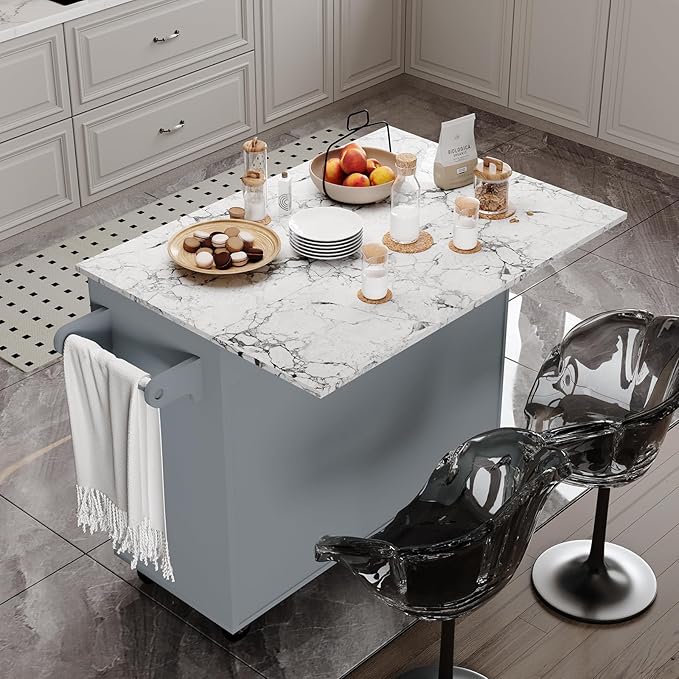 4 EVER WINNER Kitchen Island on Wheels with Storage and Drop Leaf, Marble Tabletop, 43" Kitchen Island Cart with Towel Rack & Spice Rack, Rolling Islands cart for Kitchen, Gray