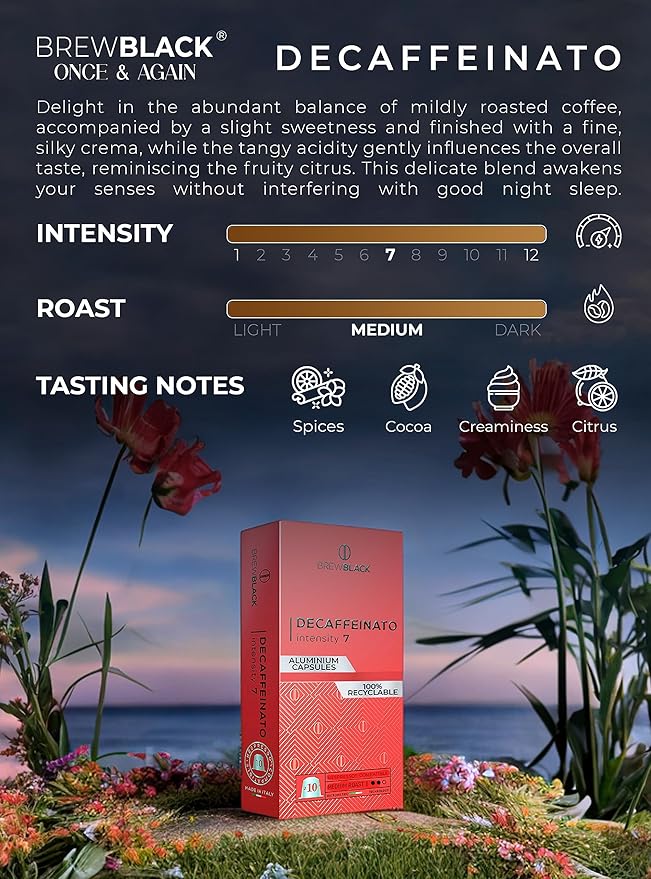 BrewBlack Decaffeinato Coffee Capsules - 50 Aluminum Coffee Pods Compatible with Nespresso Original line, Medium Roast - Intensity 7/12, Made in Italy