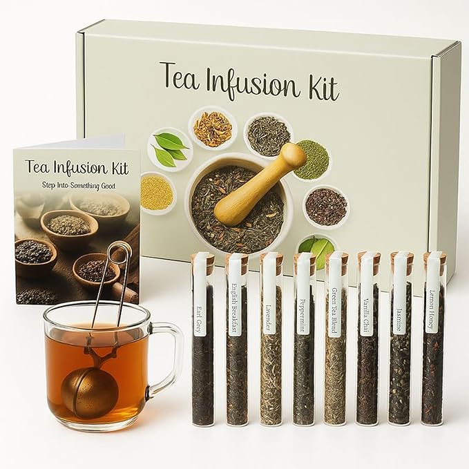 Loose Leaf Tea Sampler - Tea Gift Set Box – 8 Unique Flavors with Stainless Steel Infuser | Vanilla Chai, Jasmine, Lemon Honey & More | Tea Gift Set for Women and Men - Set of 9