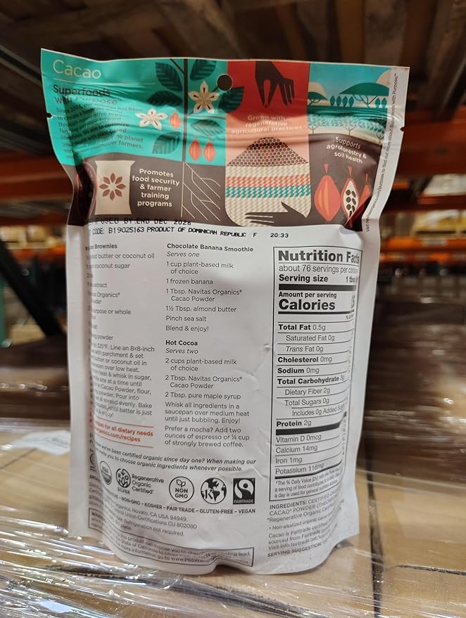 Navitas Organics Cacao Powder - Cocoa Powder Substitute 1:1, For Hot Chocolate, Baking & More - Regenerative Organic Certified, Non GMO, Fairtrade, Gluten Free, Non-alkalized (16oz. Bag, 76 Servings)