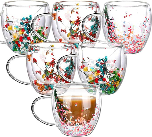 6 Pcs Flower Double Wall Coffee Mugs 8.5 oz Clear Decorative Coffee Glass Cup Insulated Heat Resistant Mug with Handle for Hot Cold Espresso Beverages Juice Birthday Mother's Day Gifts