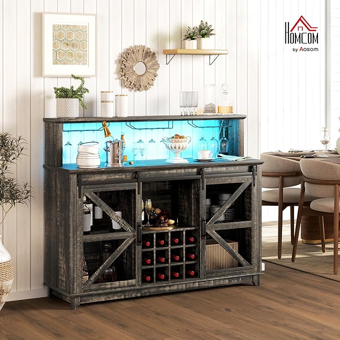 HOMCOM Farmhouse Coffee Bar Cabinet with Smart App Control LED Lights, 55" Wine Bar Cabinet with 12-Bottle Rack, Glass Holder, Kitchen Sideboard Buffet with Sliding Mesh Doors, Distressed Dark Brown
