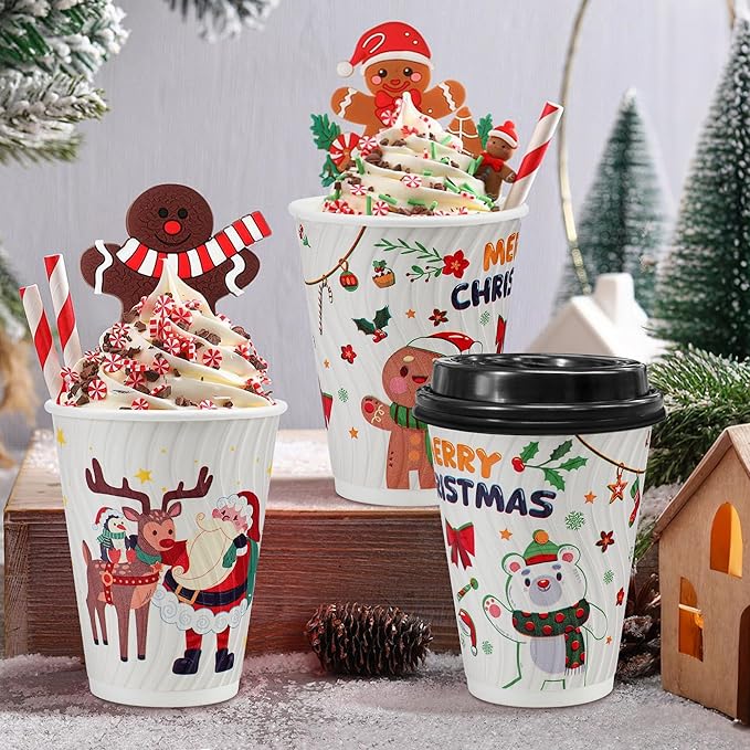 Clawsoff Christmas 100 Pack Coffee Cups with Lids 12oz, Disposable Insulated Ripple Wall To Go Paper Coffee Cups for Hot/Cold Drinks Office Home Shop Event