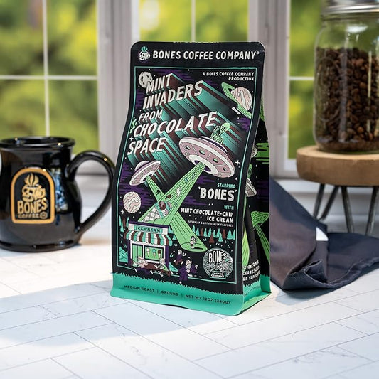 Bones Coffee Company Mint Invaders, Mint Chocolate Chip Flavored Coffee, Medium Roast Low Acid Arabica Beans Compatible with Auto drip and French Press Coffee Maker, 12 Oz Ground