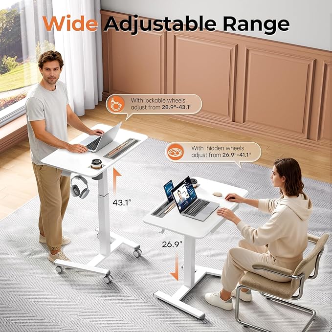 Mobile Standing Desk with Drawer, 32" Rolling Desk with Cup Holder and Hooks, Portable Laptop Cart on Wheels, Height Adjustable Workstation with Storage for Home Office, White