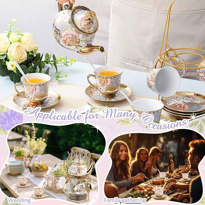 Zhehao 20 Pcs Porcelain Tea Set with Metal Holder and Spoon Adult Ceramic Tea Set European Flower Painting Teapot Cup Saucer Spoon for Women, Large Version(Rustic Style)