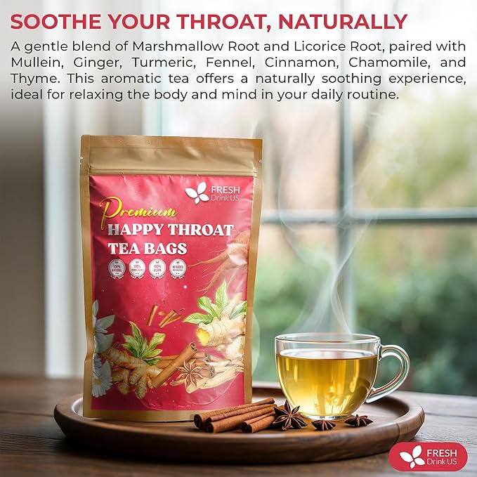 Premium Happy Throat Herbal Tea – 135 Bags Of Supper Tea Blend: Marshmallow Root, Slippery Elm & Ginger – Dry & Sore Throat Relief – Caffeine-Free, No Honey, No Citrus – No Sugar