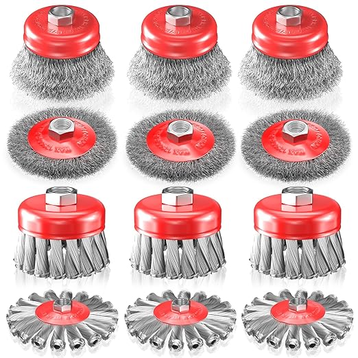 BURMONG 12 PCS Wire Wheel Brush for 4-1/2" Angle Grinder, Carbon Steel Knotted & Crimped Cup/Wheel Brushes (3" & 4"), Heavy Duty Rust, Paint, Corrosion Removal, 5/8"-11 UNC Threaded Arbor