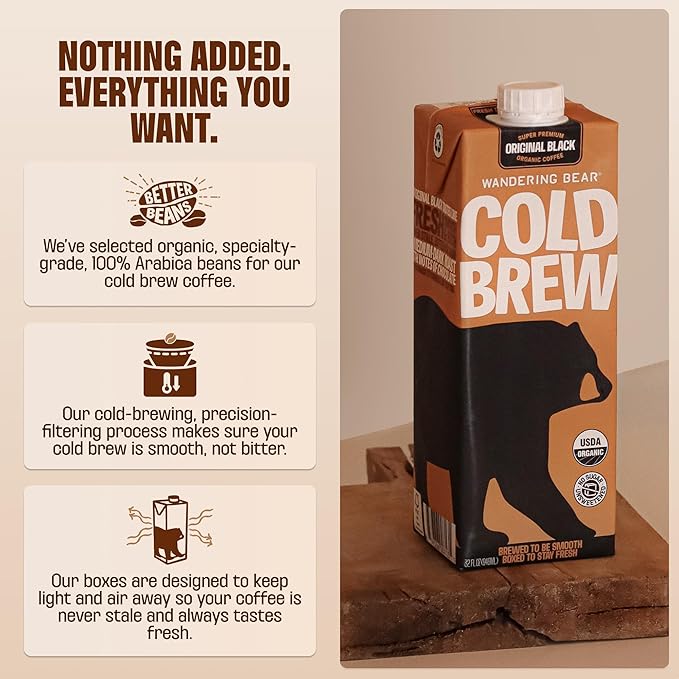 Wandering Bear Organic Unsweetened Extra Strong Cold Brew in a Box - Make Your Own Iced Coffee Drink with Wandering Bear Black Concentrate, Shelf-Stable & Vegan - 21 Servings - 32 fl.oz