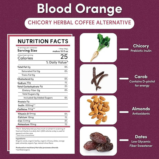 Teeccino Blood Orange Chicory Coffee Alternative - 11 Ounce - Ground Herbal Coffee That’s Prebiotic, Caffeine Free & Acid Free, Light Roast, (Pack of 3)