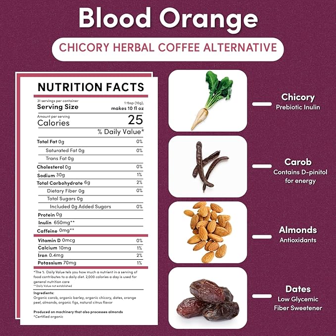 Teeccino Blood Orange Chicory Coffee Alternative - Ground Herbal Coffee That’s Prebiotic, Caffeine Free & Acid Free, Light Roast, 11 Ounce
