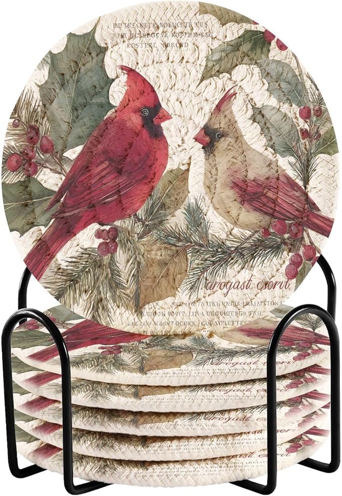 Christmas Coasters with Holder Red Cardinals Berry Winter Postcard Coasters Set of 6 Cotton Woven Absorbent Cup Coaster Xmas Holiday Party Table Decor 4 Inches