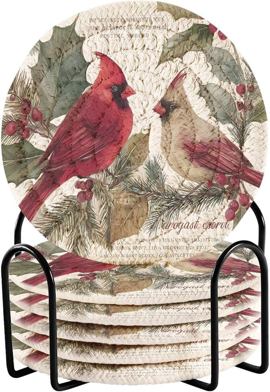 Christmas Coasters with Holder Red Cardinals Berry Winter Postcard Coasters Set of 6 Cotton Woven Absorbent Cup Coaster Xmas Holiday Party Table Decor 4 Inches