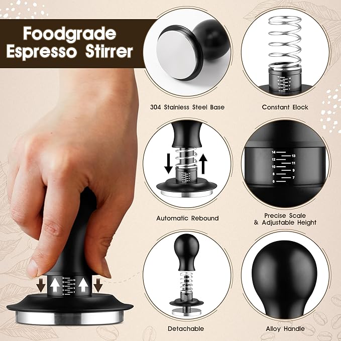 Espresso Distribution Tool Accessories - 53mm Spring Loaded Coffee Calibrated Tamper Kit with Needles, WDT Stainless Steel Espresso Stirrer Dosing Funnel Set for Barista Coffee Machines