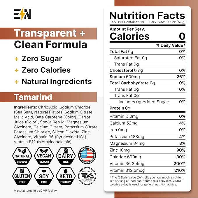 Engineered Nutrition Sugar-Free Electrolyte Powder Packets - Tamarind Flavor - Keto Hydration Packets w/Magnesium, Potassium & Sodium - Zero Calorie, Vegan, Non-GMO, Gluten-Free - 18 Single Servings
