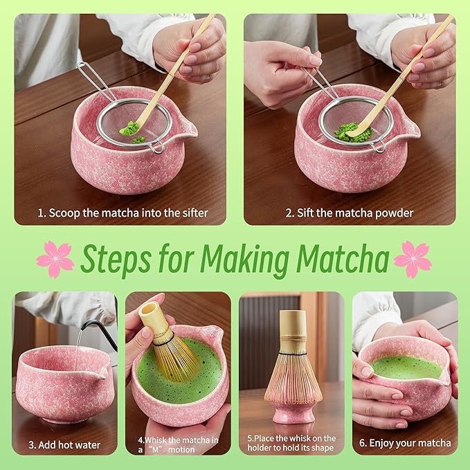TEANAGOO Matcha Whisk Set,7 Pcs Matcha Set Pink for Making Latte,Ceramic Bowl(chawan) whith Spout and Whisk,Gift for Friend/Family