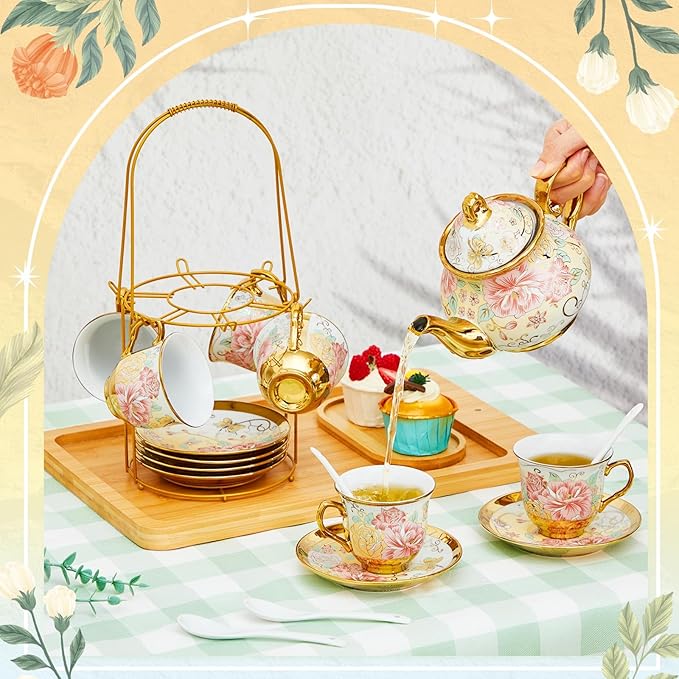 Zhehao 20 Pcs Porcelain Tea Set with Metal Holder and Spoon Adult Ceramic Tea Set European Flower Painting Teapot Cup Saucer Spoon for Women, Large Version(Gorgeous Style)