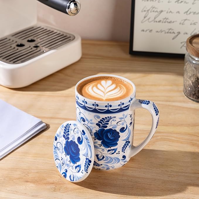 GBhome Tea Mug with Infuser and Lid, 18 Ounce Large Ceramic Loose Leaf Cup, Microwave, Dishwasher Safe, Perfect For Tea Lovers