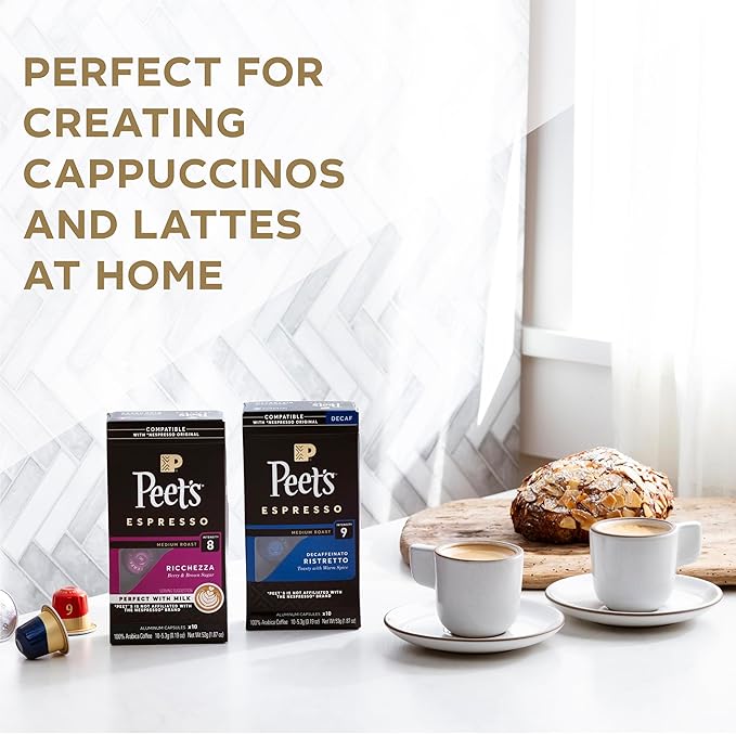 Peet's Coffee Espresso Capsules, Decaffeinato Ristretto Intensity 9 Medium Roast Coffee, 10 Count, Compatible with Nespresso Original Line System (Pack of 2)