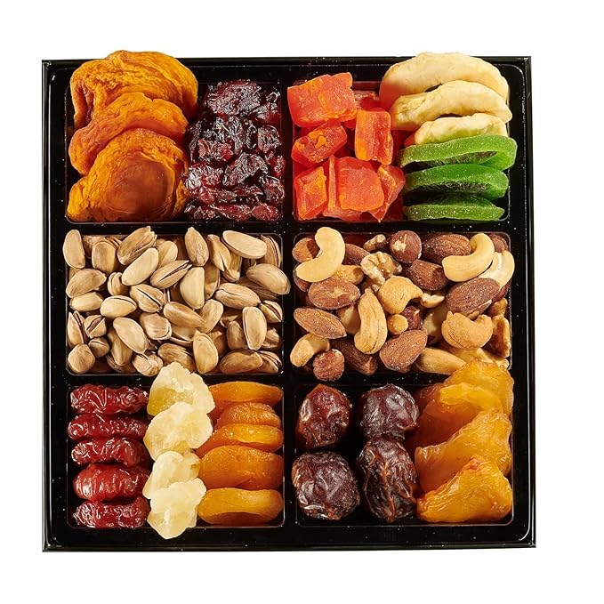 Dried Fruit & Nuts Gift Basket Arrangement Platter, Gourmet Food Snack Box, For Christmas, New Years, Birthday Care Package, Healthy Kosher - Her Him - 12 Snackberry Assortment (6-Pack)
