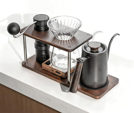 seicasaya Pour Over Coffee Station Solid Sapele Wood & Stainless Steel Dual Dripper Stand Coffee Organizer (Dark Wood)