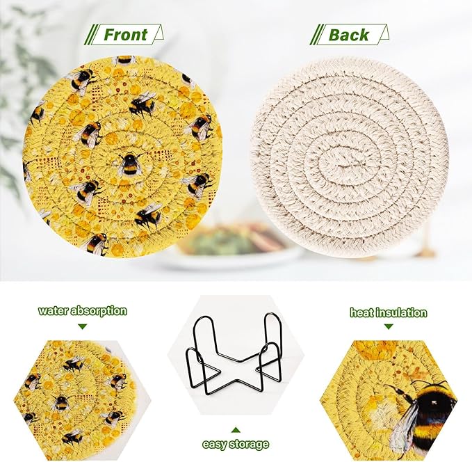 Yellow Honeycomb Drink Coasters Set of 6 - Absorbent Decorative Bar Coasters for Coffee Table Protection