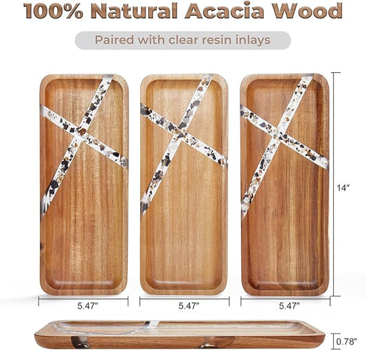Anyvape Acacia Wood Serving Trays with Resin Inlay, Set of 3 Wooden Serving Platters for Home Decor, Food, Cheese, Fruit, Vegetables, Charcuterie, Appetizer Serving Tray(14 x 5.5 inches)