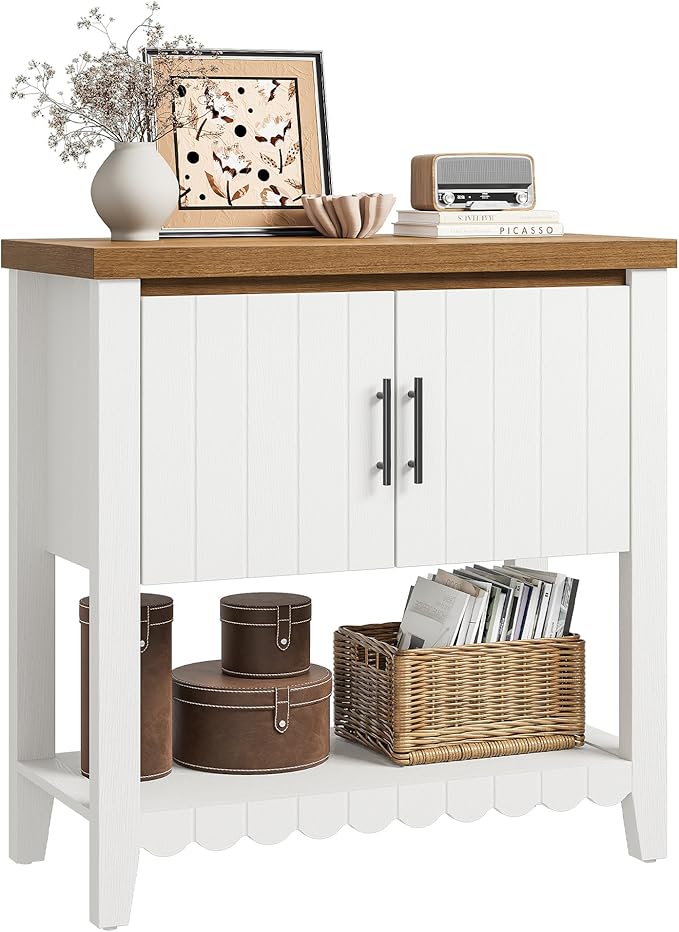31.7" Entryway Table Console Table with Storage, Coffee Bar Cabinet with 2 Doors, Farmhouse Narrow Sofa Table w/Open Storage Shelf, Buffet Cabinet Sideboard for Living Room, Entryway, Foyer White