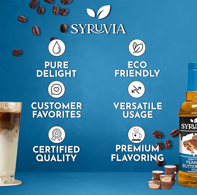 Syruvia Sugar Free Coffee Syrup, Peanut Butter Cup Flavored Syrup for Drinks, Lattes, and Desserts – 25.4 fl oz, With Pump