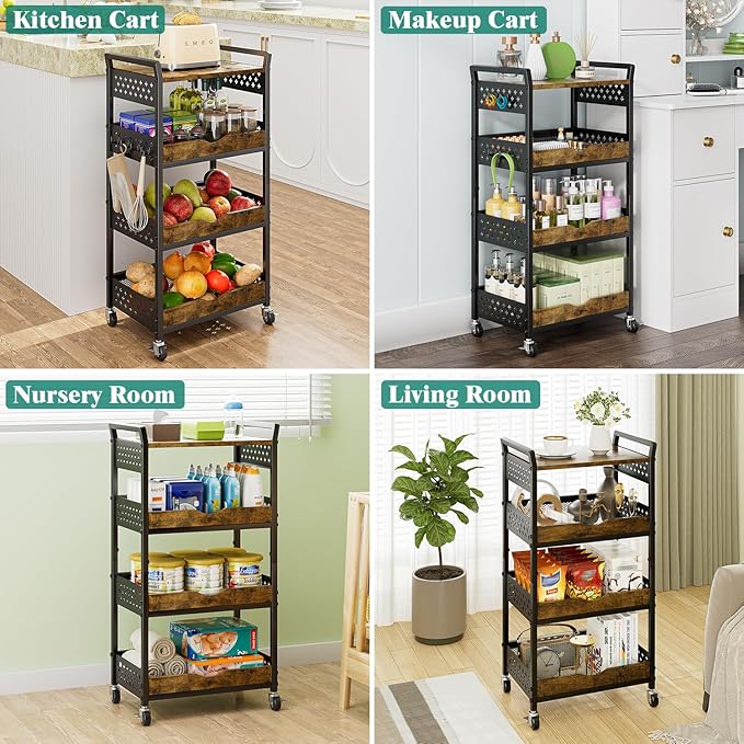 Giwil 4-Tier Rolling Storage Cart, Small Coffee Bar Crafts Makeup Cart with Wooden Top Snack Organizer for Pantry, Utility Kitchen Cart On Wheels for Onions Potatoes, Black