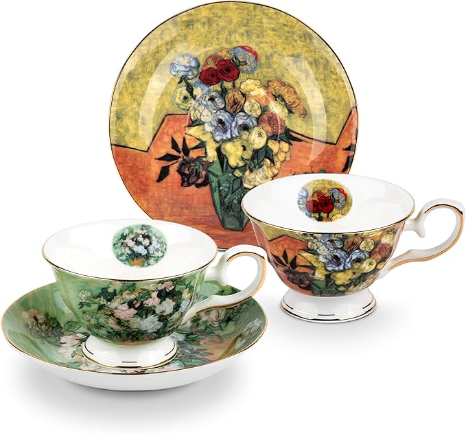 Floral Tea Cups Saucers Set of 2, Vangogh Paintings Bone China 7 oz British Teacups Porcelain Tea Cups Coffee for Rose Teacups Cappuccino Espresso Latte (White Roses & Flowers Vase)