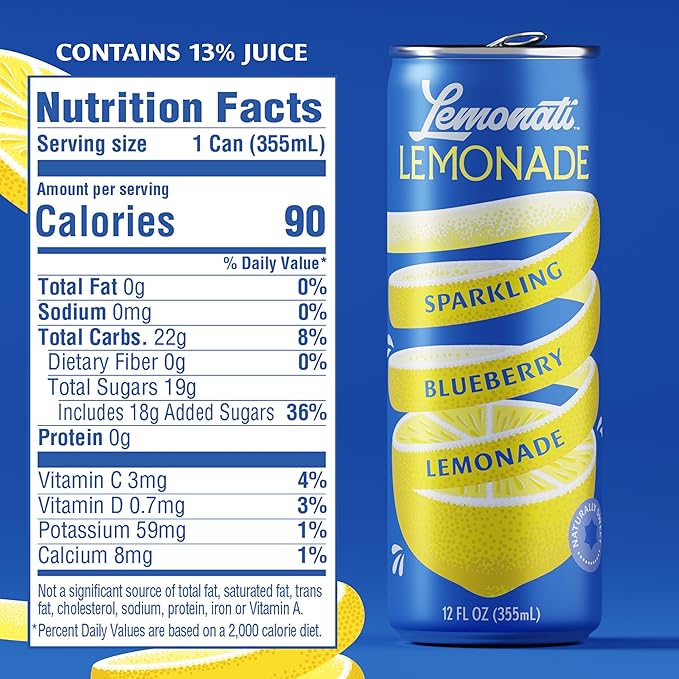 Lemonati Sparkling Lemonade, No Artificial Sweeteners or Flavoring, Gluten-Free, Kosher, Non-GMO, Vegan, 12 Fl Oz Slim Cans (12 Fl Oz (Pack of 24), Blueberry Lemonade)