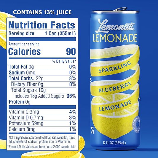 Lemonati Sparkling Lemonade, No Artificial Sweeteners or Flavoring, Gluten-Free, Kosher, Non-GMO, Vegan, 12 Fl Oz Slim Cans, Pack of 12, Blueberry Lemonade