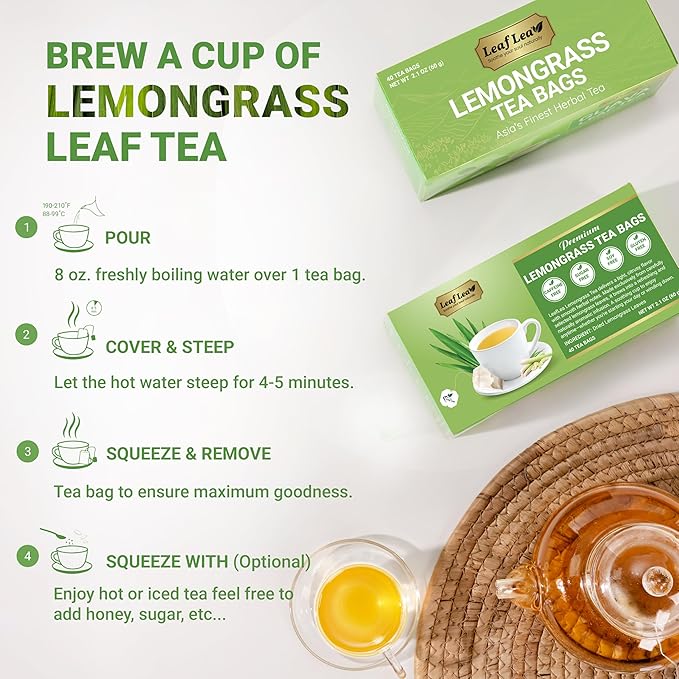 LeafLea 80 Premium Lemongrass Tea Bags, Natural Herbal Lemongrass Leaves, Te de Limoncillo for Digestion Support, Light & Soothing Taste, Caffeine-Free, Sugar-Free, Vegan, Individually Wrapped