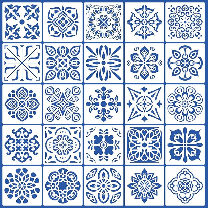 25 Pcs Scroll Tile Cookie Stencils, Reusable Floral Baking Stencils for Cake Decorating Royal Icing DIY Biscuit Painting Coffee and Dessert Design Tools, 6x6 Inch