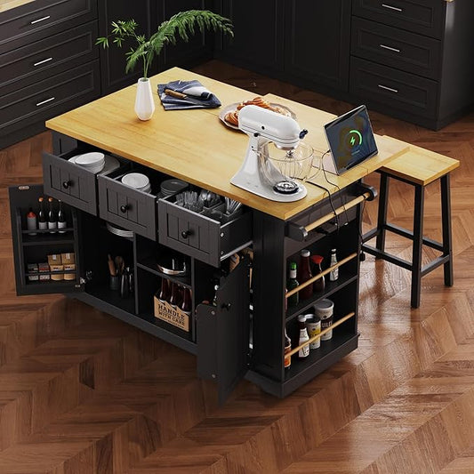Rolling Kitchen Island with 2 Bar Stools, Drop Leaf & Power Outlet, Large Kitchen Islands Cart on Wheels, Movable Kitchen Island with 5 Open Shelves & Towel Rack for Kitchen, Dining Room, 53″, Black