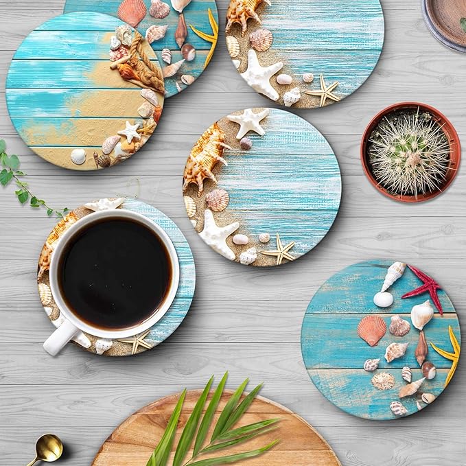Britimes Coaster for Drinks Set of 6, Shells Blue Wooden Space Beach Table Absorbent Round Ceramic Stone Mat, with Cork Base and Metal Holder, Gift for Housewarming Room Bar Decor