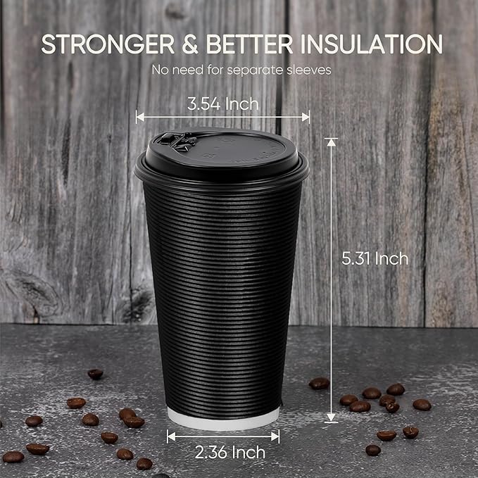 Coolcap 100 Pack 16 oz Disposable Coffee Cups with Lids and Straws, Insulated Ripple Wall To Go Paper Corrugated Cups, Bulk for Hot/Cold Drinks, Cafe Bar, Office, Chocolate, Cocoa (Black)