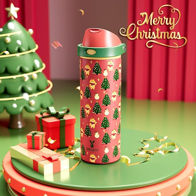 24 oz Christmas Insulated Water Bottle: Meoky Stainless Steel Water Bottle with Straw and Spout Lid - Leak Proof, Cold for 24 Hours, Fits in Car Cup Holder, BPA-Free for Women Men, Santa Deer