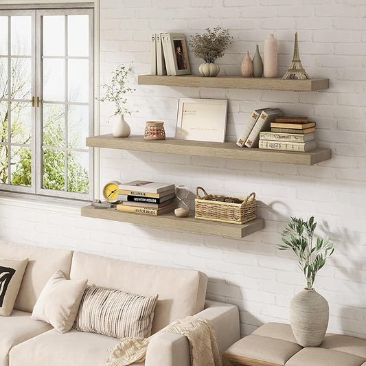 Marsmiles Floating Shelves | 24 Inch Grey Wood Wall Shelves Set of 2 | 9.3 Inch Deep Rustic Reclaimed Wood Shelves for Room Wall | Farmhouse Floating Shelves for Living Room Bathroom