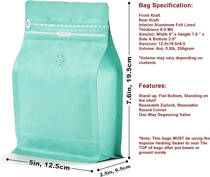 50 Count 8 Ounce Green Blue Kraft Paper Coffee Bags with Air Release Valve, High Barrier Coffee Pouches for Home, Store, Flat Bottom (50pcs/8oz, 0.5lb, 250g)