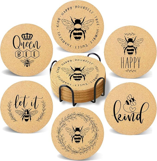 Coasters for Drinks with Holder Set of 6, Bee Coaster Absorbent Cork Wood for Cup Desk Office Table Kitchen Decor House Warming Gifts for New Home Couples, Round 4"