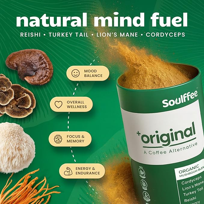 Mushroom Coffee Alternative with Chicory, Roasted Barley, Lion’s Mane, Cordyceps, Turkey Tail, Reishi, with 2200mg Functional Mushrooms, Vegan, Focus and Calm, 30 Servings