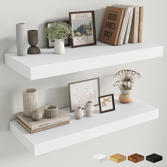 Fun Memories 12 Inch Deep Floating Shelves for Wall, 30 Inch Long Floating Shelf, 30 x 12 Shelf for Wall, Rustic Wood Bookshelves, Hanging Shelves for Bathroom Kitchen Bedroom, White, Set of 2