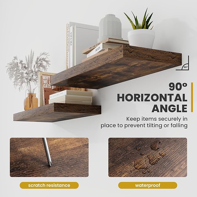 48 Inch Floating Shelves, 9.3" Deep Floating Shelf Wall Mounted, 48" Wall Shelves, Rustic Deep Bookshelf, Large Display Shelves & Storage Shelves for Bedroom, Living Room, Brown, Set of 1