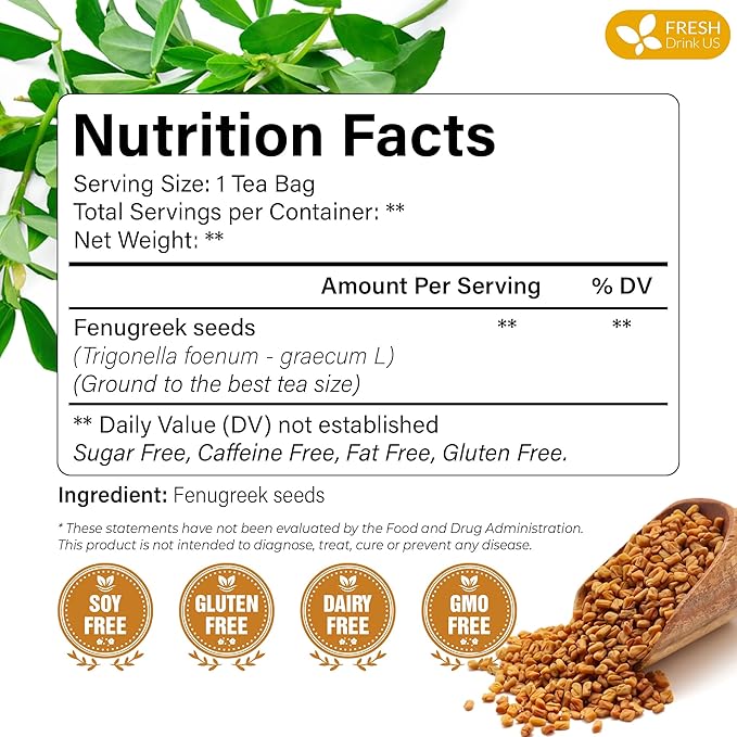 FreshDrinkUS, Premium 15 Tea Bags Fenugreek, 100% Natural & Pure from Fenugreek. Fenugreek Herbal Tea. Made with Natural Material Tea Bags. No Sugar, No Caffeine, No Gluten, Vegan.