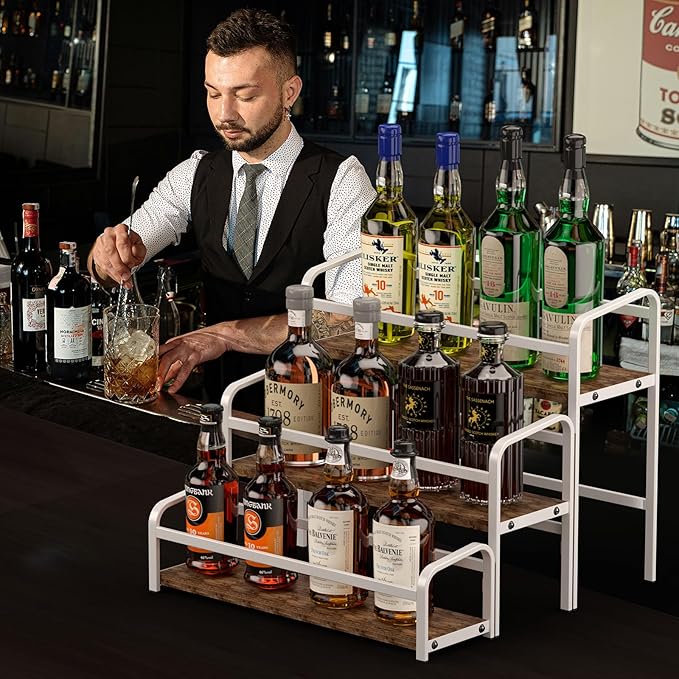 DTUQYX Coffee Syrup Organizer 3-Tier, 12 Bottles Capacity Coffee Syrup Rack, Syrup Stand for Spice, Wine, Liquor, Bottle, Coffee Bar Station Racks Magnetic, No Installation (Dark Wood, White)