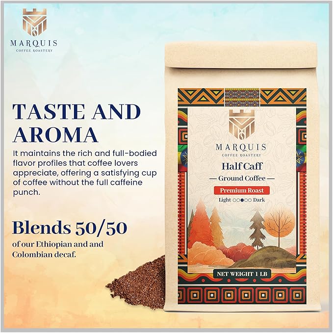Marquis - Half Caff Ground Coffee, Rich Blend of Half Ethiopian Yirgacheffe & Colombian Decaf Ground Coffee, Fresh Dark Roast Coffee with a Fruity Flavor, Premium Half Caff - 1 lb